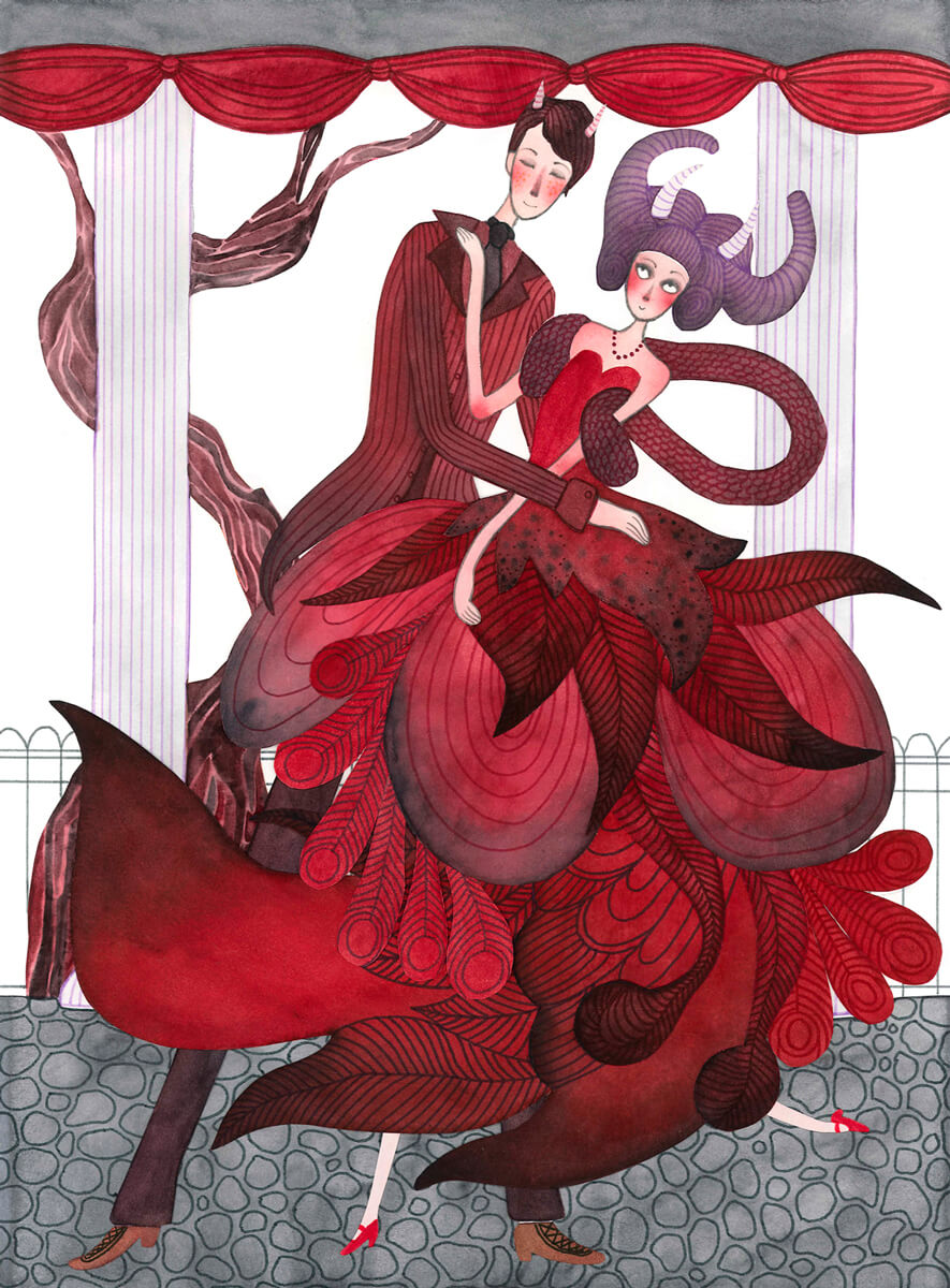 Sanne Bruinsma Illustraties & Vormgeving illustratie illustrator dance with the demon duivel couple lovers dansen ballroom jurk ballgown gentleman fantasy