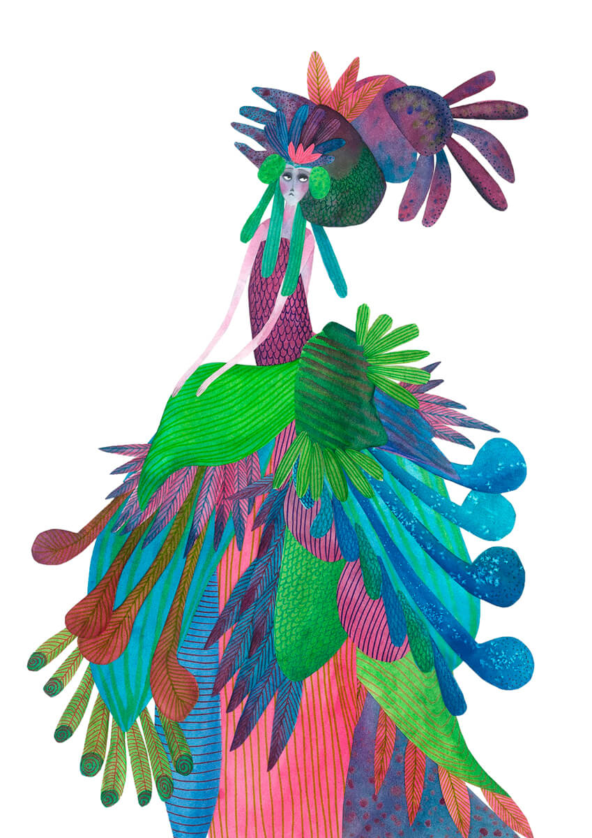 Sanne Bruinsma Illustraties & Vormgeving illustratie illustrator peacock dress pauw jurk kostuum costume elegant lady fancy veren feathers ballgown prinses queen fantasy