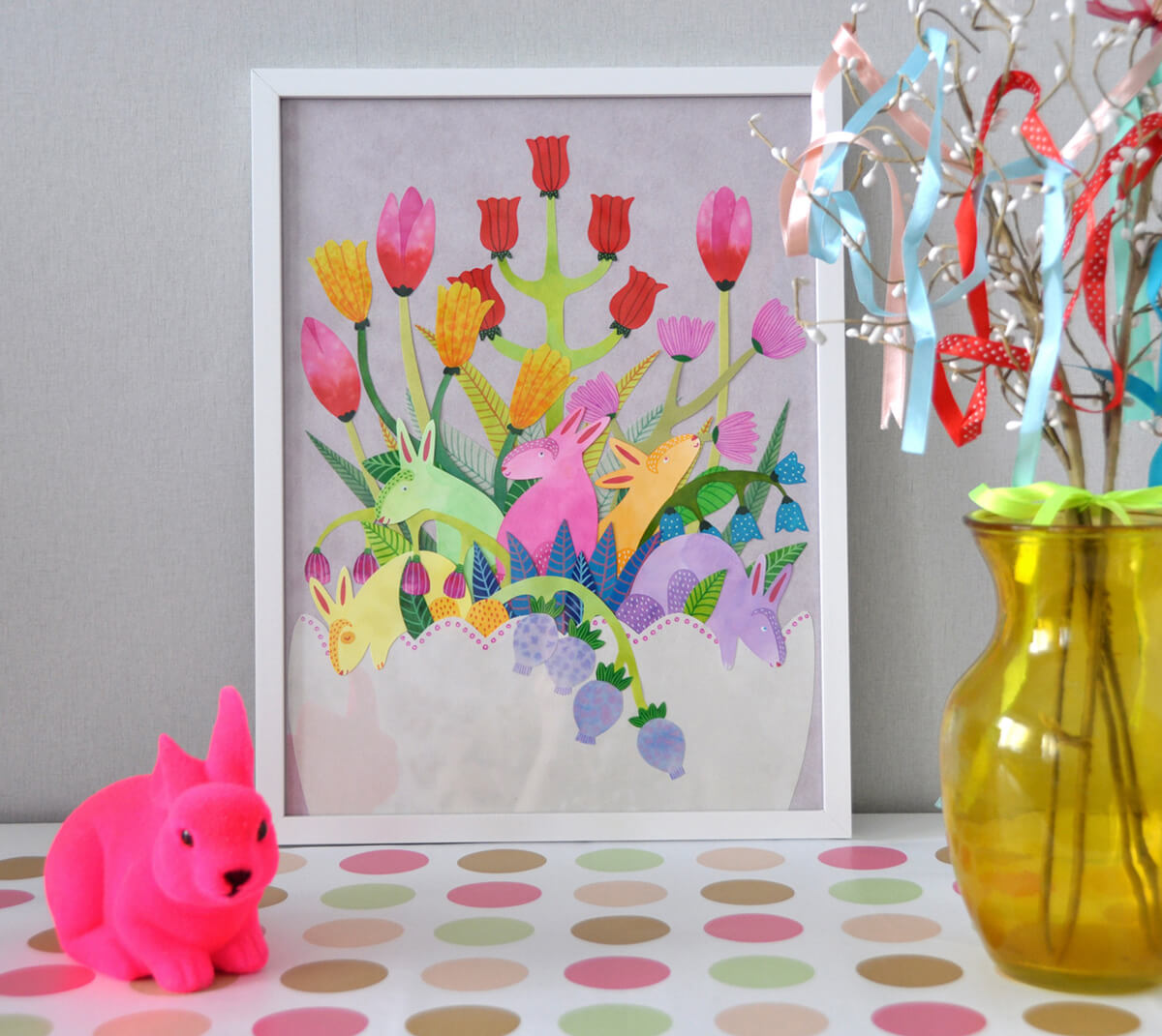 Sanne Bruinsma Illustraties & Vormgeving illustratie spring lente bunnies print lijst interieur pasen pastel kleuren neon konijn vaas inrichting huis decoratie