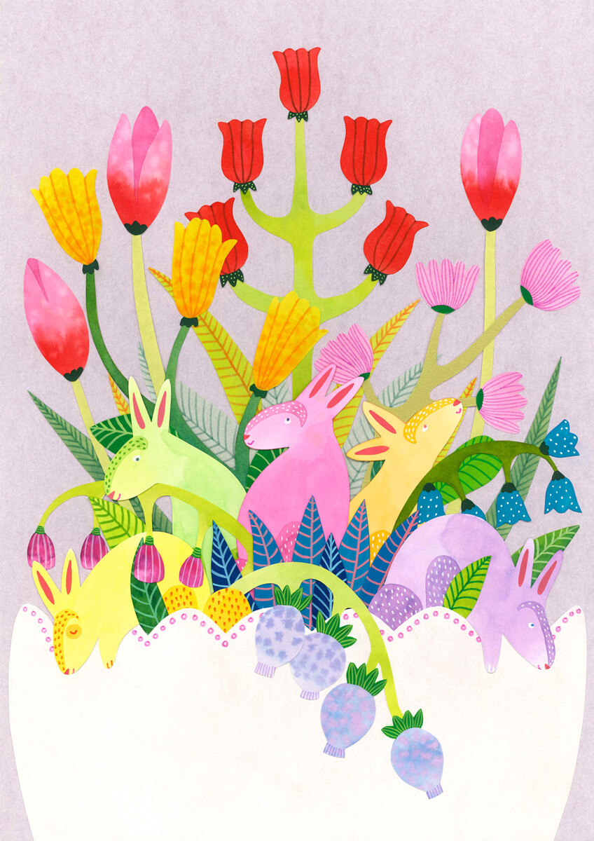 Sanne Bruinsma Illustraties & Vormgeving illustratie illustrator Pasen konijnen print lente bloemen pastel planten bladeren Easter waterverf collage