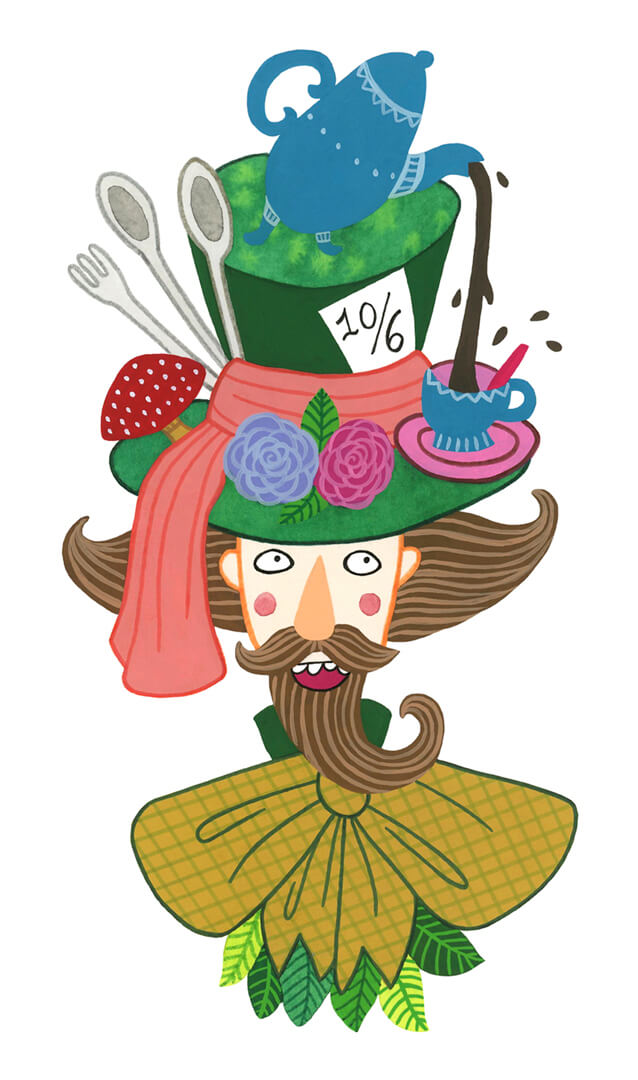 Sanne Bruinsma Illustraties & Vormgeving Boekie Boekie stArt Award 2015 Alice in Wonderland wedstrijd inzending gekke hoedenmaker mad hatter karakter personage hoed strik