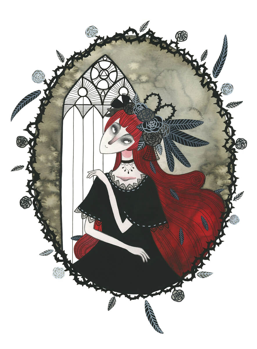 Sanne Bruinsma Illustraties & Vormgeving illustratie veren rozen meisje mysterieus fantasy church kerk halloween thorns lady red hair pale vampier vampire