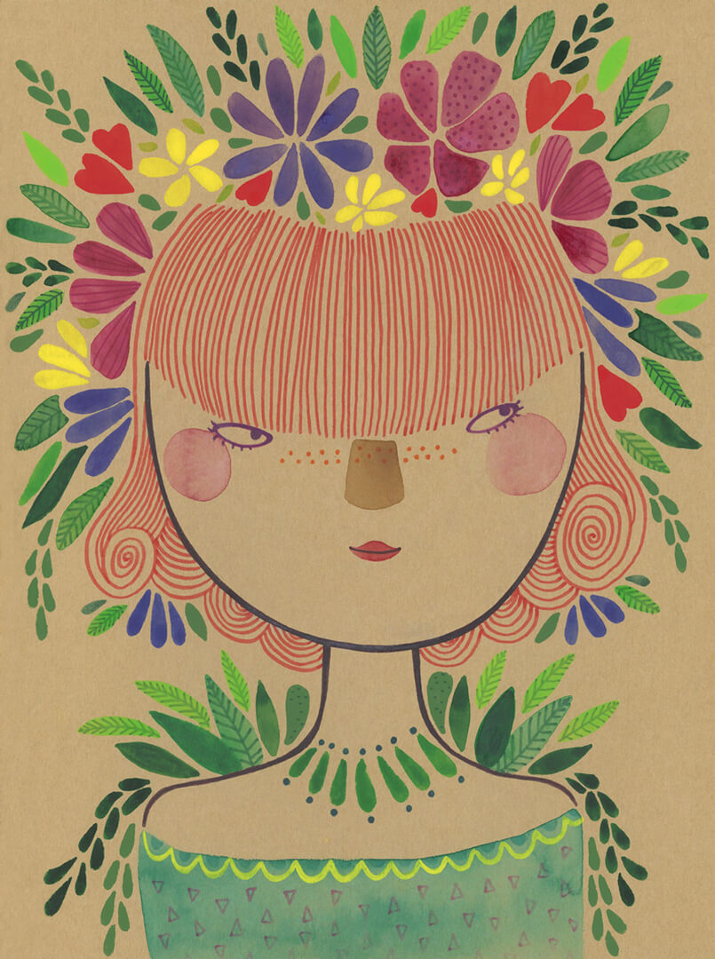 Sanne Bruinsma Illustraties & Vormgeving illustratie schetsboek portret bloemenkroon festival planten girl meisje